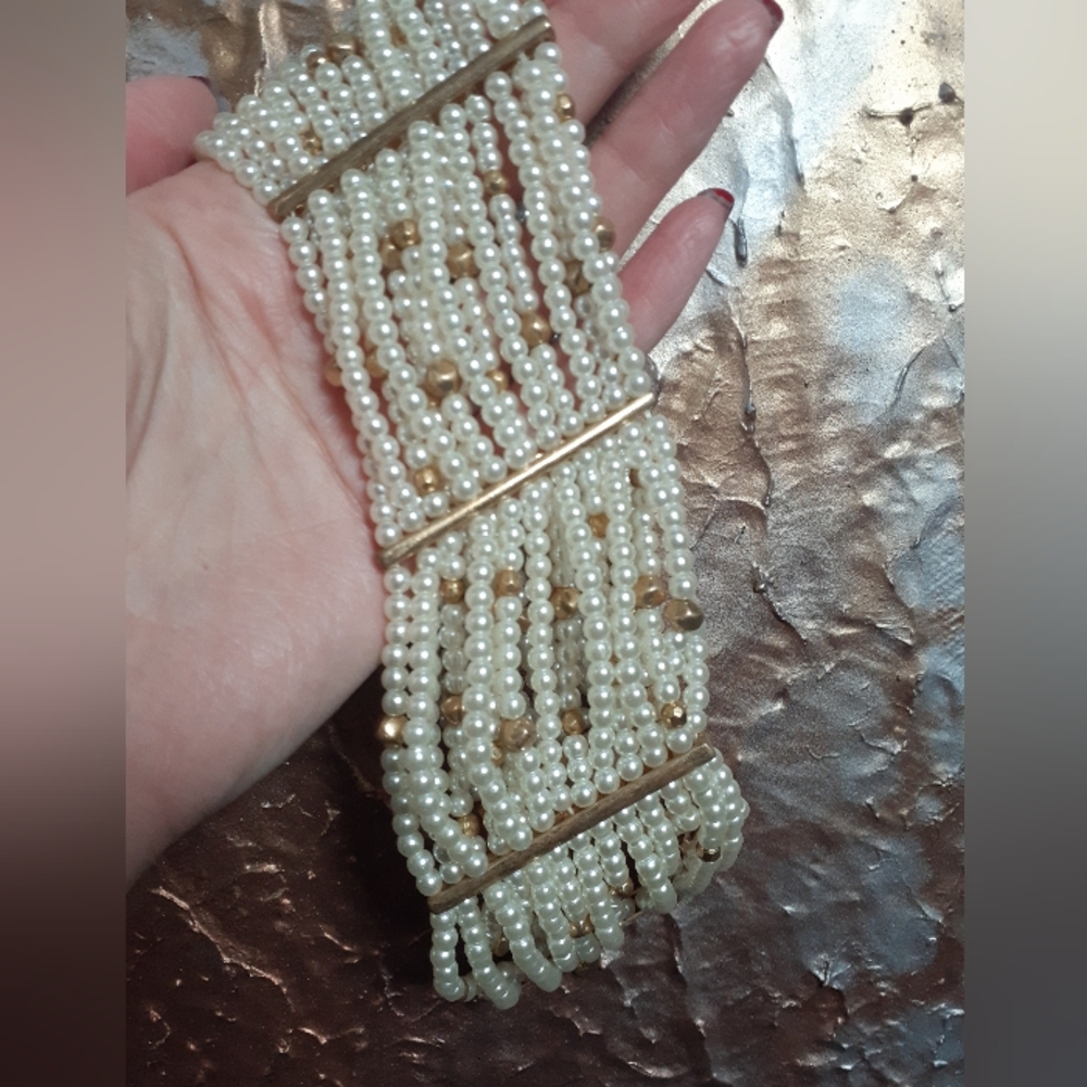 Zara Cream Pearl Multi-Row Choker with Gold Accents - Picture 11 of 14